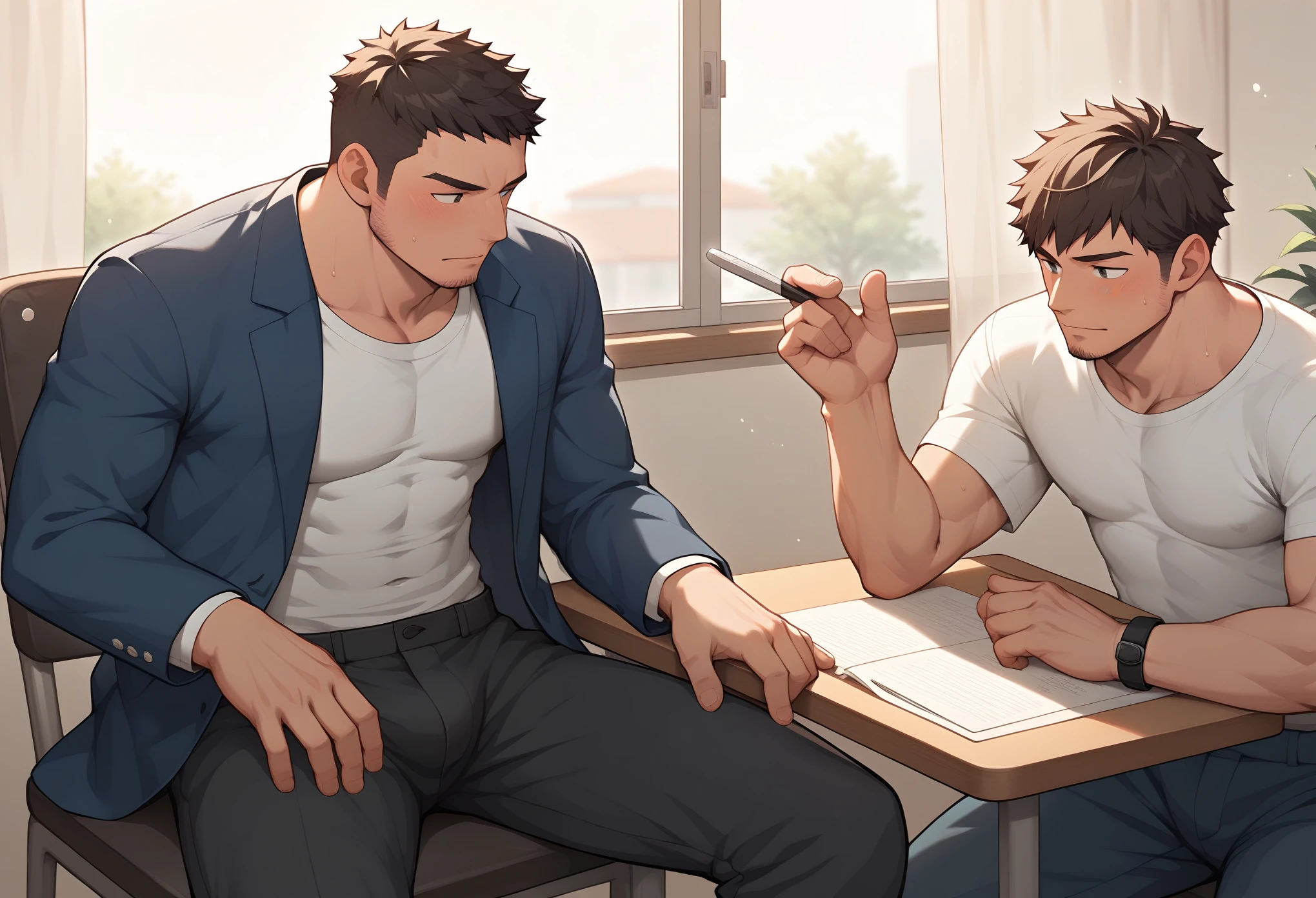 A boy is sitting in a chair studying in his room, while another man stands next to him, tutoring him. The boy is a Japanese male high school student with short brown hair, wearing a T-shirt and shorts. The other man is a Japanese male in his 30s with short black hair, slightly hairy, wearing a formal jacket and long pants.