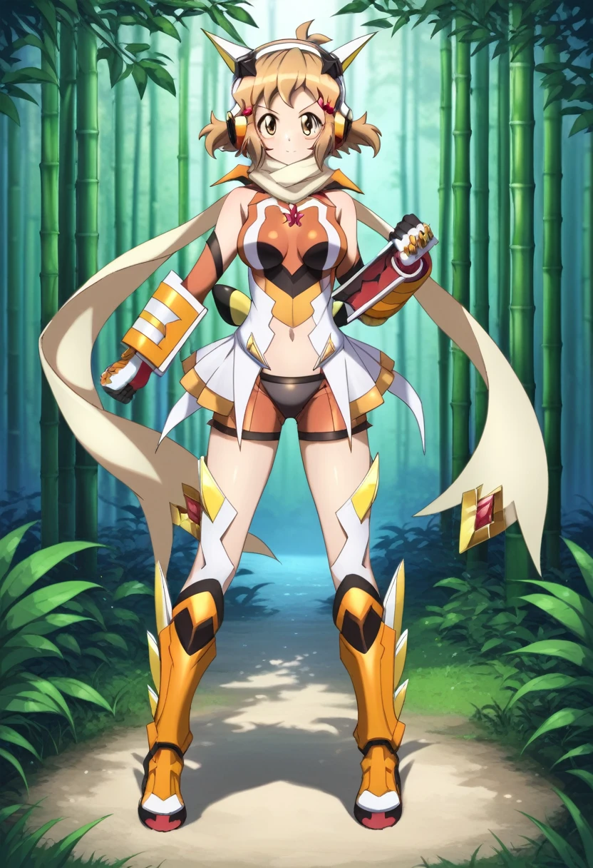  (((masterpiece))), (((Best quality))), (Very detailed), (full body), Bamboo forest, tachibana hibiki (symphogear), short hair, 1girl, brown hair, hairclip, brown eyes, gloves, headphones, scarf, gauntlets,(navel cutout), beautiful breasts, smugness, panching,,