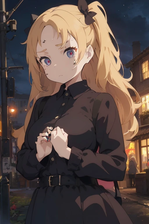 1 female, teenage girl, black long sleeve dress, blonde long hair, rosa cheeks, huge breast, doll store, sad face, girl, black flowers, sad dark sky, black nails, tears in her face, sadness