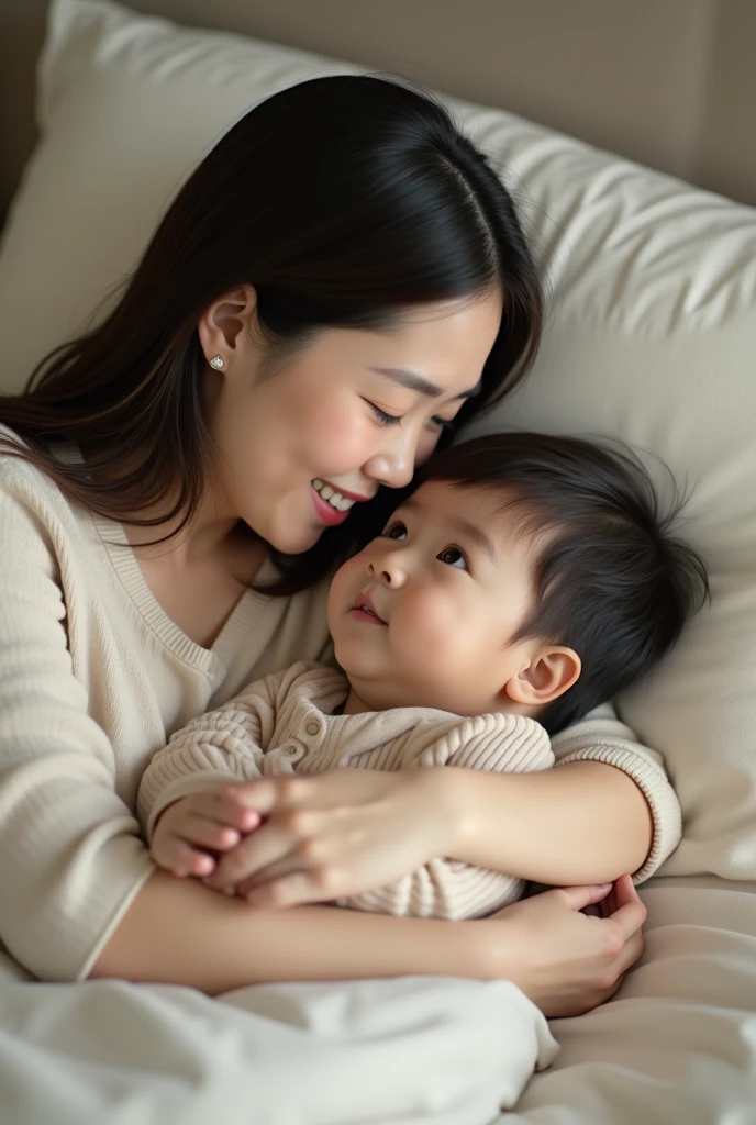 (Reality: 1.4), masterpiece, Ultra-high resolution, RAW photos, best quality, (Smile with teeth bared: 10.0), (Sexy: 1.4), RAW photos, Japan Beautiful Wife and Child, (Small face: 3.0), (Lovely: 3.0), (Blush pink: 3.0), (dropping eyes: 5.0), (Large target, Round eyes: 3.0), (Moist eyes: 3.0), ( Eye on camera: 3.0), Figure-of-eight,Eyebrows down, Skin becomes whiter after makeup, short hair, Lying on your back in bed,