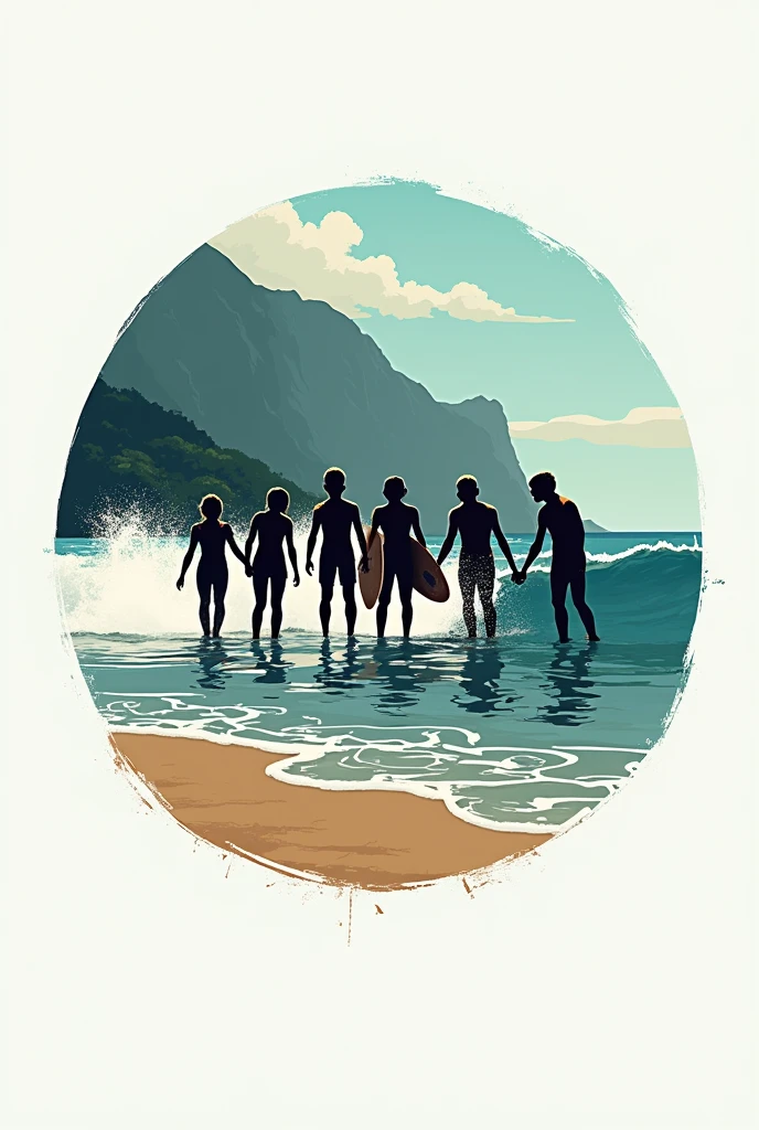Several people pick up trash by the beach，80s poster style，comic strip，the detail，surfing，sandbeach，Island life