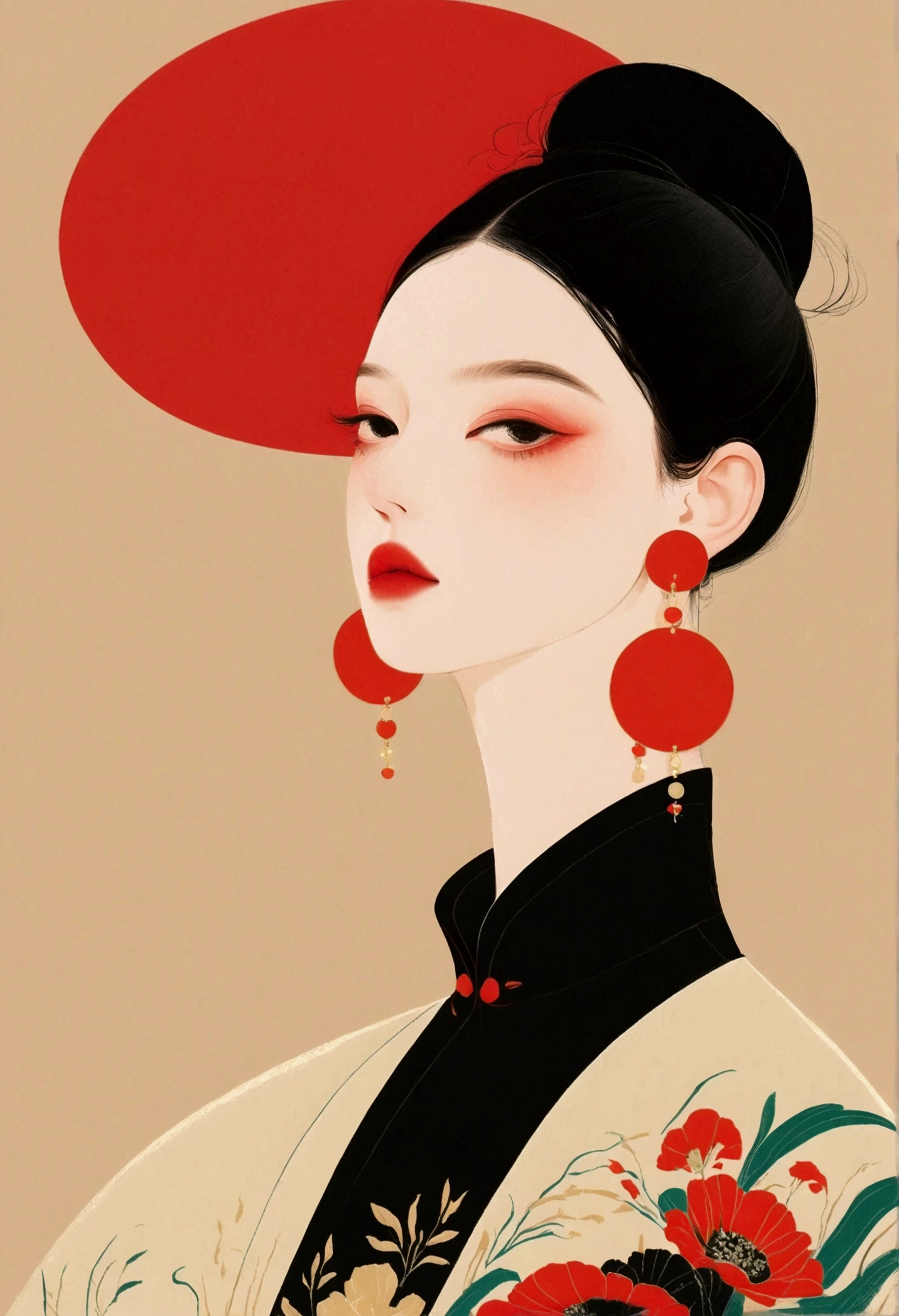 High contrast digital artwork featuring a person with intricate black hair styled into large, rounded buns. The individual is wearing a black dress with a high collar and an accent of red floral patterns on the shoulder. Elaborate, long red earrings complement the outfit. The background consists of a bold red circular element, contrasting sharply against a soft beige backdrop, which enhances the visual impact of the artwork.