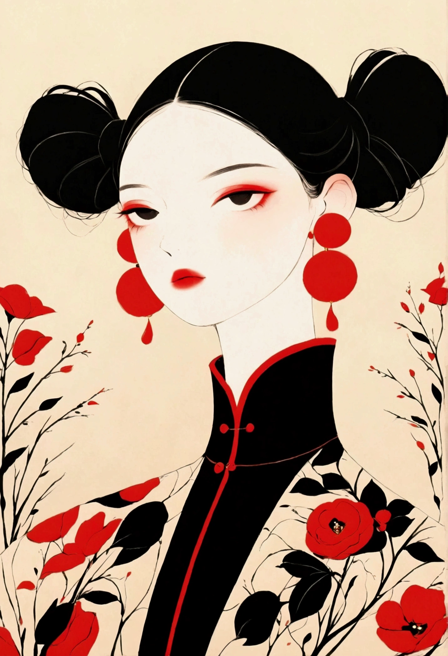 High contrast digital artwork featuring a person with intricate black hair styled into large, rounded buns. The individual is wearing a black dress with a high collar and an accent of red floral patterns on the shoulder. Elaborate, long red earrings complement the outfit. The background consists of a bold red circular element, contrasting sharply against a soft beige backdrop, which enhances the visual impact of the artwork.