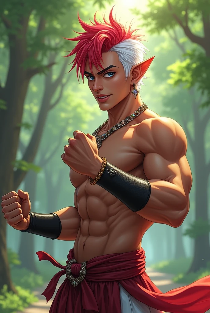 Elf, Elf ears, pele branca,Best quality at best,Dadalya(Impacto Genshin , sem camisa,Bowed muscleulging of the pectoral muscle,Aboco masculino,1st grade,Olhos azuis,luva branca,sozinho,pink hair,olhos azuis e vermelhos,cabelo entre os olhos,((Virilha Saliente)),sexy,(master part, best quality),(sem camisa, peitoral),auto-seguro,Divirta-se,expression serious, coroa
