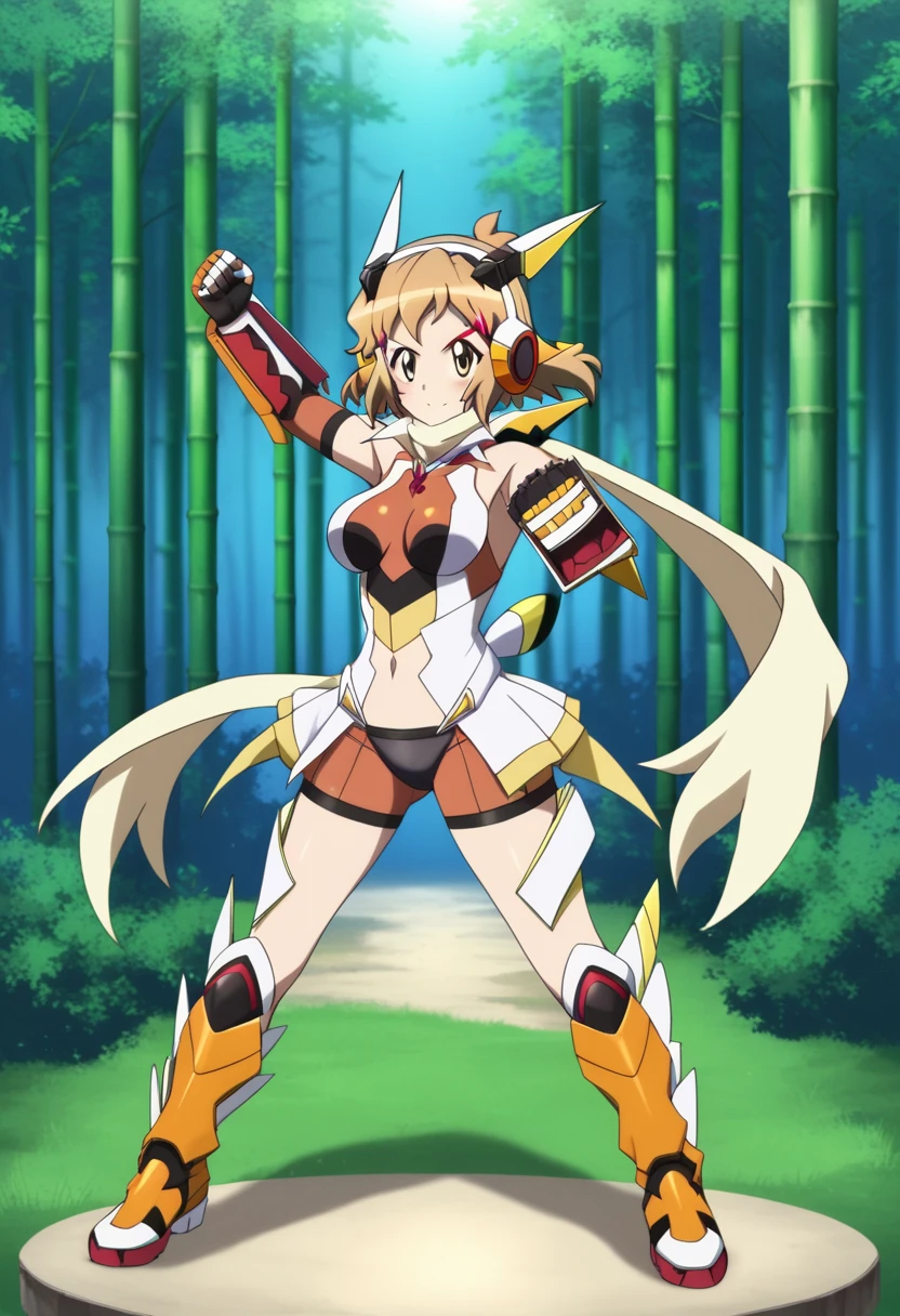  (((masterpiece))), (((Best quality))), (Very detailed), (full body), Bamboo forest, tachibana hibiki (symphogear), short hair, 1girl, brown hair, hairclip, brown eyes, gloves, headphones, scarf, gauntlets,(navel cutout), beautiful breasts, smugness, fighting pose, from side,,