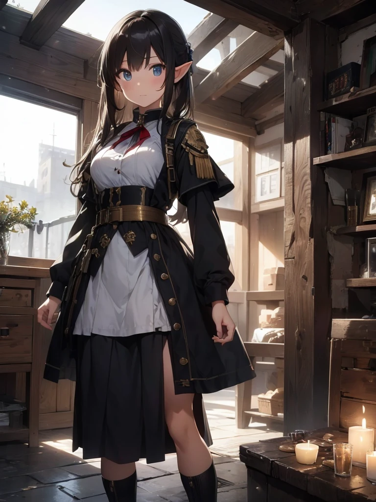 high quality, 8k. masterpiece, high quality, High resolution, battlefield、tank、Beautiful Elf Soldier Girl、Wearing military uniform、The military uniform is designed to look like a party dress.、Long skirt