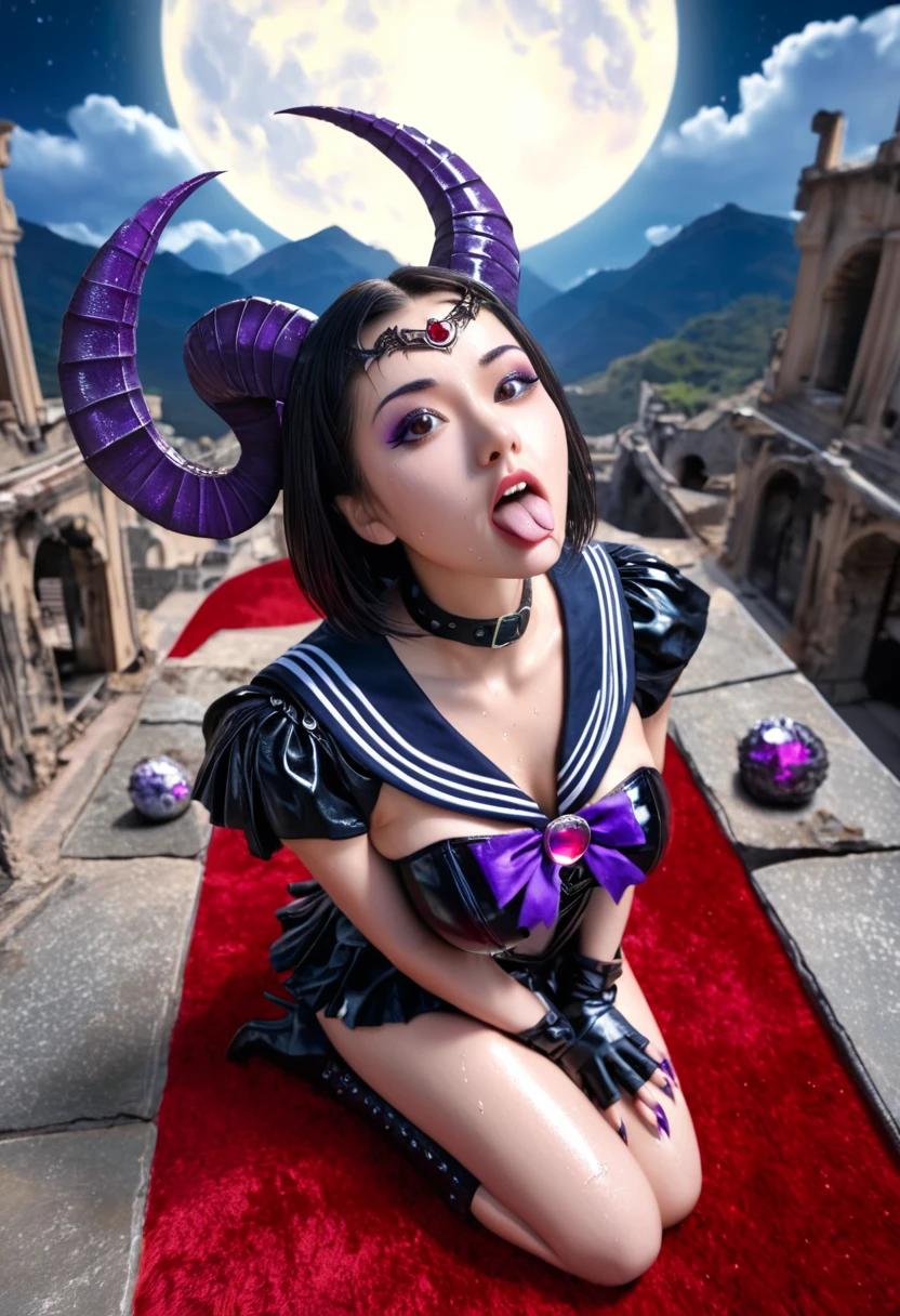 (High quality, masterpieces, Realistic and detailed depiction), One Japanese girl waiting for some liquid to fall from above with her mouth opened, tilting her head back, Kneeling down, Drenched her full-body in sweat, Big breast, Bob cut black hair, Beautiful face with sideways glance, Brown eyes, White cloudy liquid on her tongue, wearing sailor-moon like costume, Dark blue wide sailor collar with shoulder embellishment, Dark blue ruffle mini skirt, Huge gorgeous ribbon made by black lace on her chest, Metallic silver sheer leotard adhered to her skin, Bat wings on her back, black long leather fingerless gloves, Purple sharpened demonic claws, Black leather long boots with heels, black circlet with a purple jewel on her forehead, broad and deep black eyeshadow, Attach sheep's horn to her temporal region, Ancient ruins on a mountaintop, Midnight with full moon, Red carpet, perspective from above