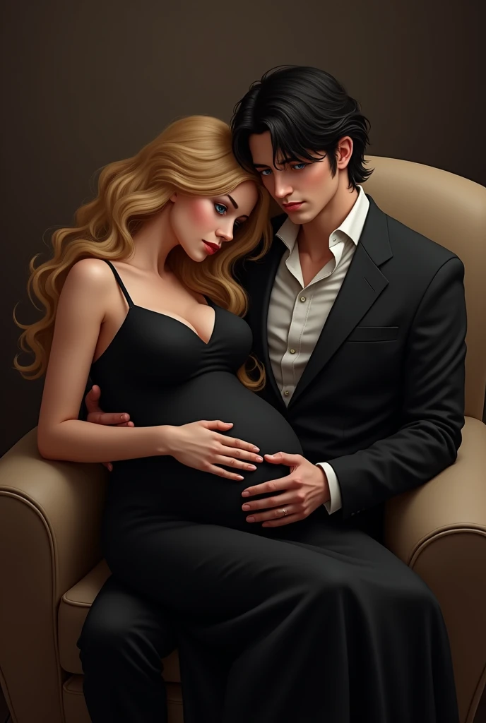 Husband and wife sleep together on a soft mattress, the husband wears a black shirt and plaid shorts. the wife wears a red nightgown. lying in bed. blonder woman, Linda, breasts big, honey-colored eyes. pregnant. man strong, face, linfo, brawny. Bblack hair, greeneyes. 
