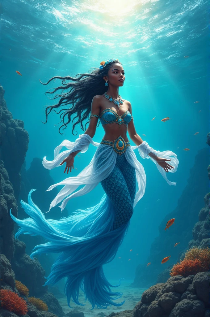 full length portrait mermaid water nymph, underwater, beautiful african american, beautiful symmetrical face, long green, red hair flowing thin as ink in water, pearls, shells, small neon fish scales, sunlight details smooth, ethereal sunshine, elegant design, 8k. Cinematic, photoshoot, shot on 25mm lens, depth of field, tilt blur, shutter speed 1/1000, f/22, white balance, 32k, super resolution, professional RGB photo, half backlight, backlight, tone mapping, CGI, VFX, SFX, insanely detailed and intricate, hyper maximalist, elegant and dynamic pose, photography, volumetric, ultra-detailed, intricate detail, super detailed, ambient.