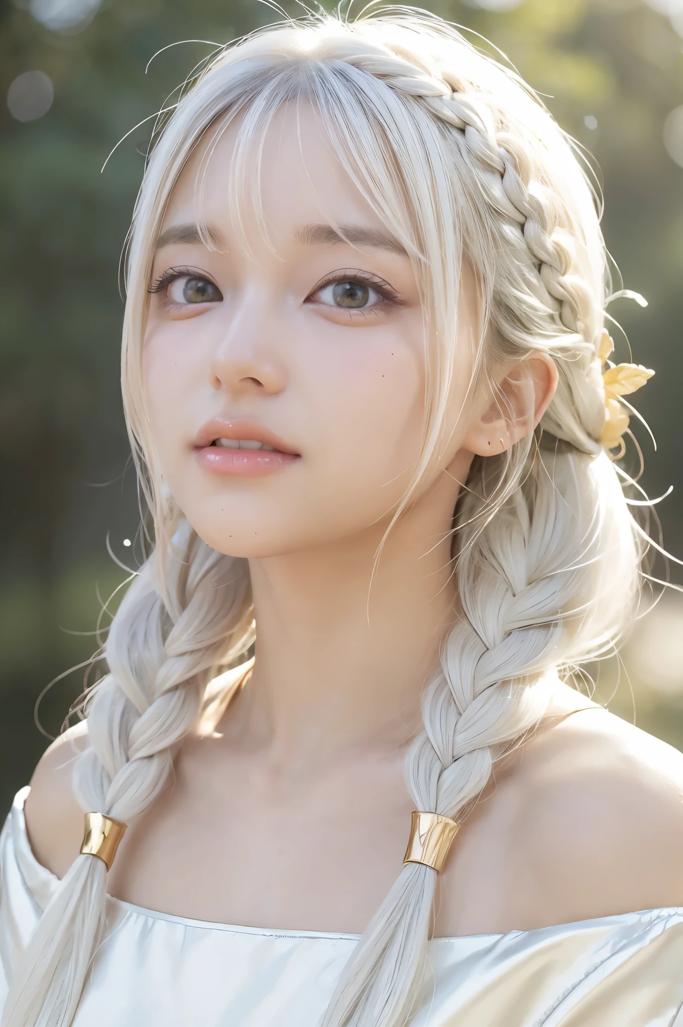 best quality, masterpiece,white hair, gold eyes,white clothes, looking up, upper body,hair strand,Fair skin,side braids, 1girl