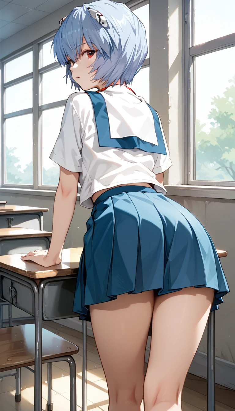 rating_safe, score_9, score_8_up, score_7_up, source_anime, masterpiece, best quality, solo, 1girl, (Rei Ayanami from Evangelion, wearing Evangelion school uniforms), (she stands with leaning forward, looking back, view from behind), classroom, 