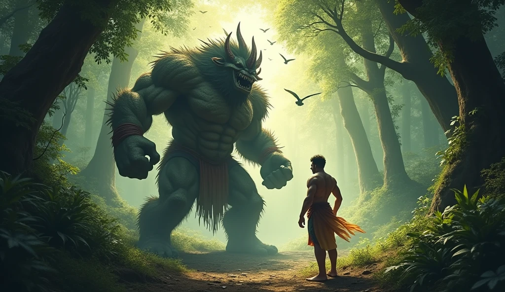 Ultra High Resolution, Best Quality, Photo, 16k, (Realistic: 1.2), Film Lighting, Boy in the Shape of a Mythical God. It depicts God holding anger and darkness, enveloped in radiant special effects. Fight various monsters under giant trees, and there are some corpses on the ground. Meticulous attention to stunning detail and achieve a resolution of 64K for an immersive and realistic visual experience. Let your work capture the essence of myth and wonder and amaze viewers at its beauty and power. --auto --s2