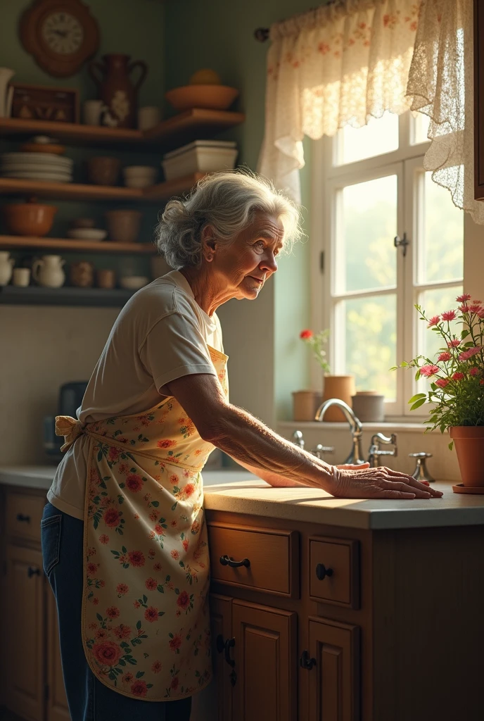 An old lady with Gollum's pose but appreciating a kitchen