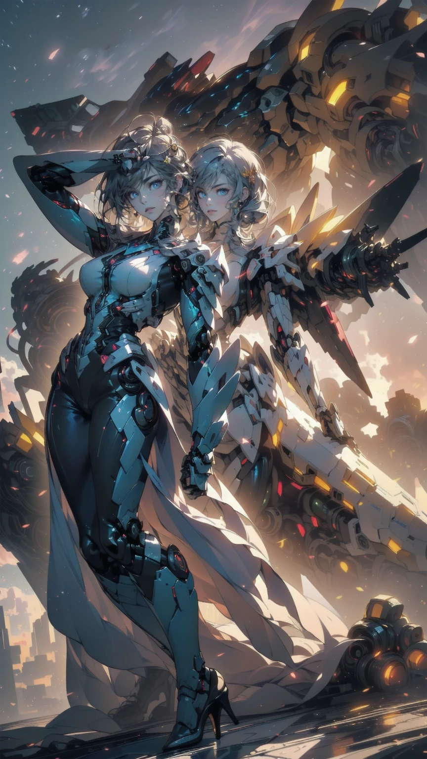 (masterpiece), (best quality:1.4), (perfect anatomy:1.4), high quality, expressive eyes, full body, tall girl, detailed face, beautiful face, perfect face, breasts, cleavage, gloves, A photograph of mid-twenties Japanese female android made of shiny white and silver translucent glass and plastic, geisha makeup and hairstyle, silver metal internal body mechanisms, dynamic pose, flowing organic construction, glowing golden circuitry, colorful neon trim, glowing circuitry, neon trim, depth of field focus f/2.8, art by H.R. Giger, Greg Rutowski, bodysuit, thick thighs, toned, emblem, superhero, dynamic lighting, 4k resolution, dynamic pose, weapon, energy weapon, cover, mecha musume, fortified suit, mechanical parts, headgear, robot joints, bodysuit, deva battle suit, gloves,