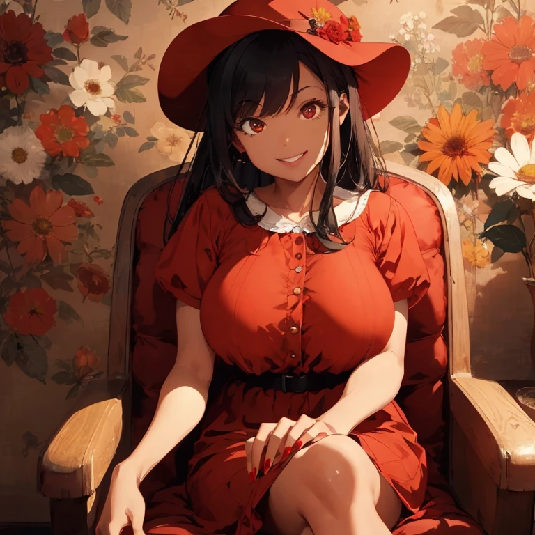 1 female, tan skin, brown skin, huge breast, black 50s long hair, red long vintage dress, 50s dress, red 50s hat, red nails, red shoe, 50s place wallpaper, smile, sitting down, in the 50s chair, flowers