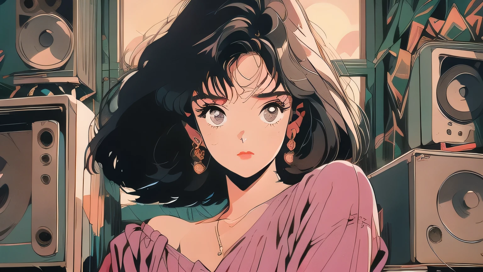 It depicts a woman in her early 20s posing stylishly in front of vintage audio equipment.. Her white blouse and short hair revealing her shoulders emphasize her loveliness., There are cute freckles on her cheeks.. The old speakers and tape recorders surrounding the scene add a classic, retro feel to the image., Her gaze creates an emotional atmosphere.. This background symbolizes her passion for music., The overall image is expressed in a warm and nostalgic style..