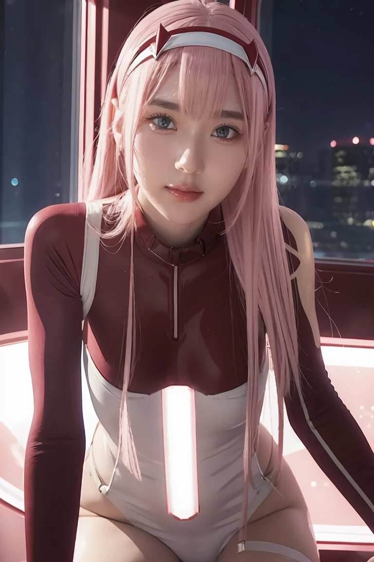 dynamic angle,ultra-detailed, illustration, straight on, 1girl, ((Zero two, interface headband with a pair of horns, red bodysuit:1.4, pink hair)), Her eyes shone like dreamy stars,(glowing eyes:1.233),(beautiful and detailed eyes:1.1),(expressionless, closed mouth),(standing), (mechanic room with tools and spaceship window in a white SPACESHIP), (night:1.2), dreamy, [[delicate fingers and hands:0.55]::0.85],(detail fingers), smirk,