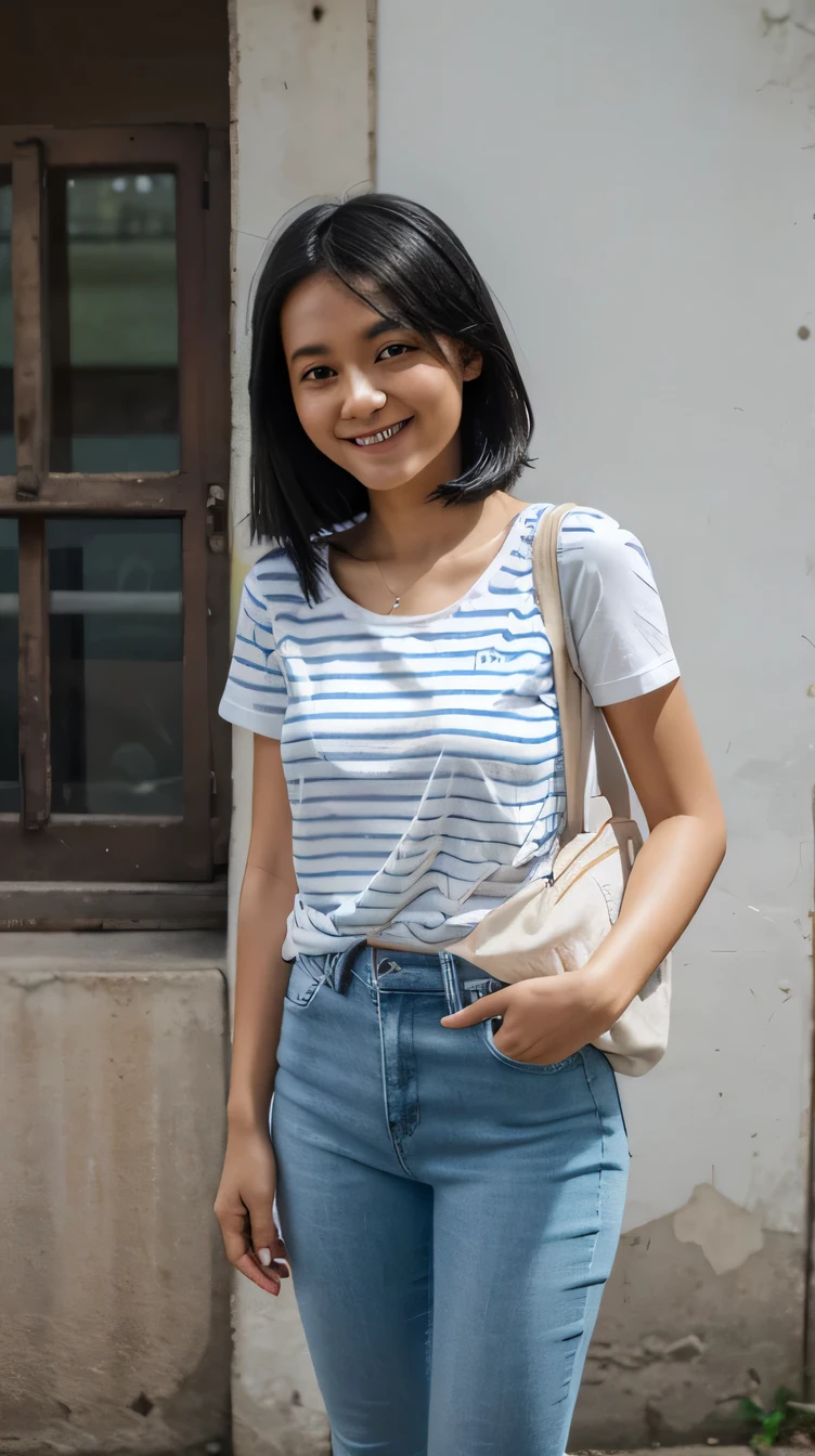 Realistic medium-sized photos A realistic 25 year old teenage girl from Thailand..
 He has human skin., The face has freckles., and stood alone wearing a white shirt and jeans., Smile happily. Travel in the Buddhist temples of Thailand