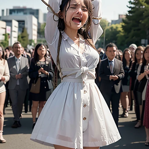 only 1girl,(a very cute japanese woman is standing and tied up with rope:1.2),bondage,rope,((crying)),large tears,4K, 8K, (Masterpiece, best quality:1.2), perfect face,20years old,thin girl,skinny girl,slim girl, girl,childirl,open arms wide,arms up,in front of a large crowd outside,Before dusk,waring ruffle blouse,white dress,skirt