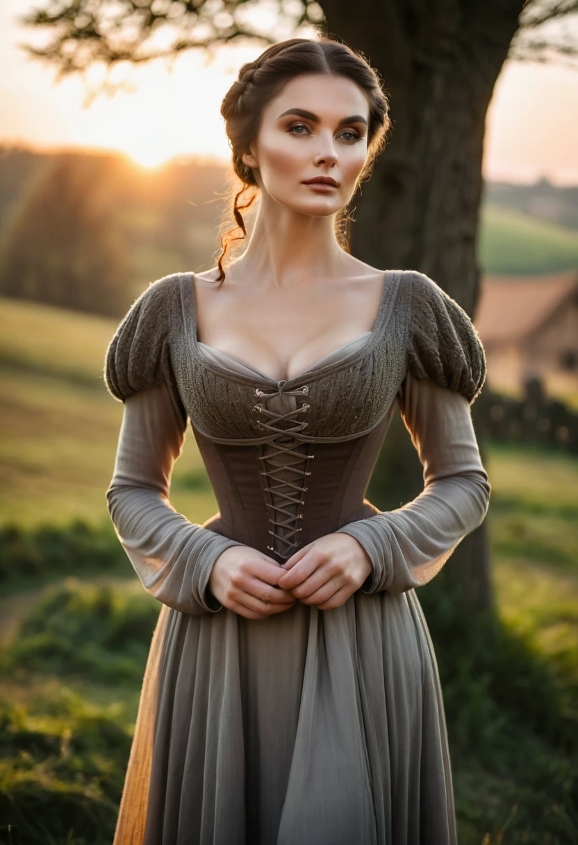 Random setting and scene; Zoomed out camera Fully body in frame; random pose; a female age 30; name Jlah; year 1800s; random clothing. (Big boobs, curvy) 