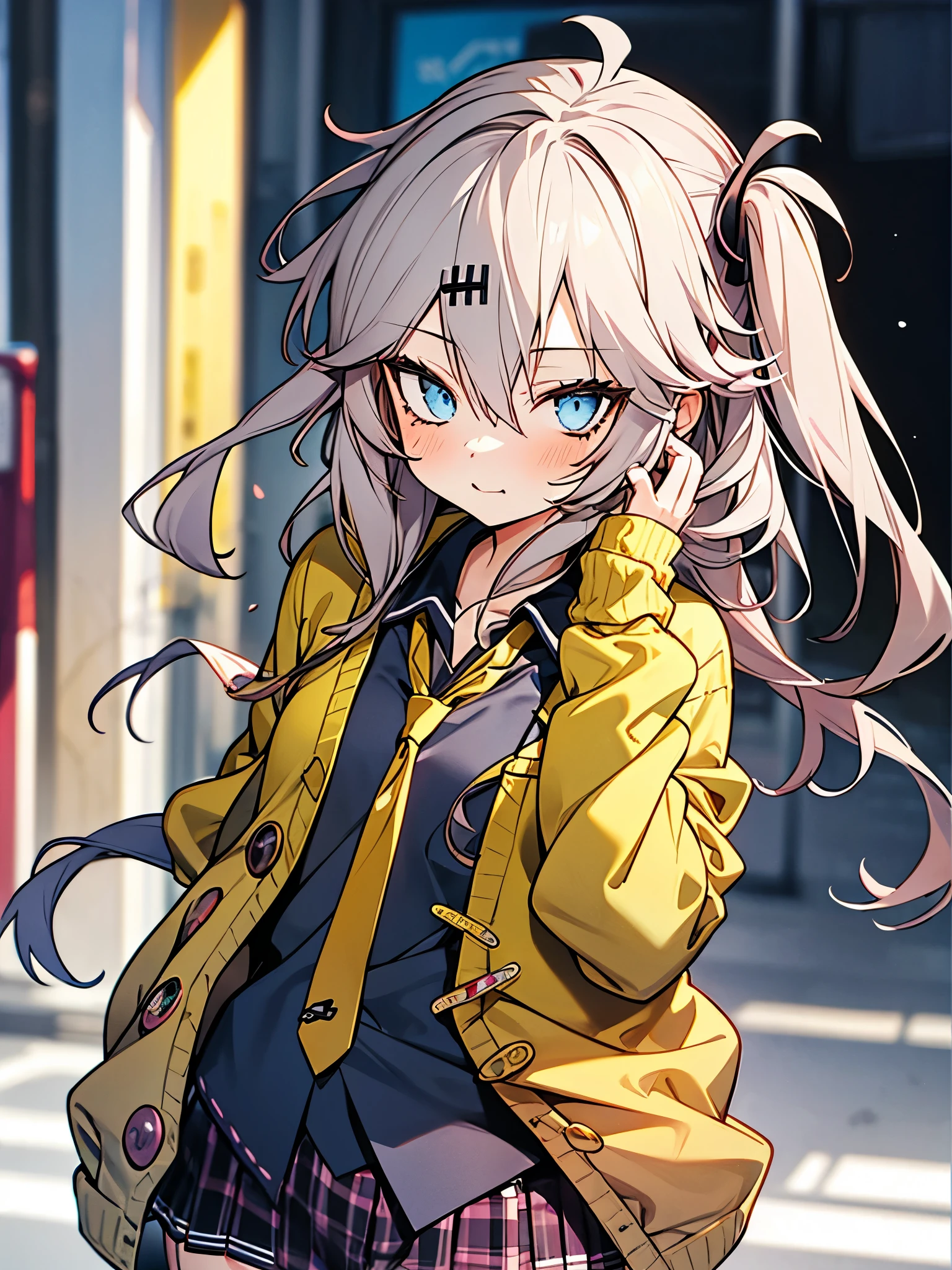 masterpiece, Best Quality, Perfect Face, Highest Resolution, Best Quality,Detailed depiction of the eyes, 8k, kasukabe tsumugi, One Girl, Black shirt, Yellow tie, Yellow cardigan, Loose socks, plaid skirt, 