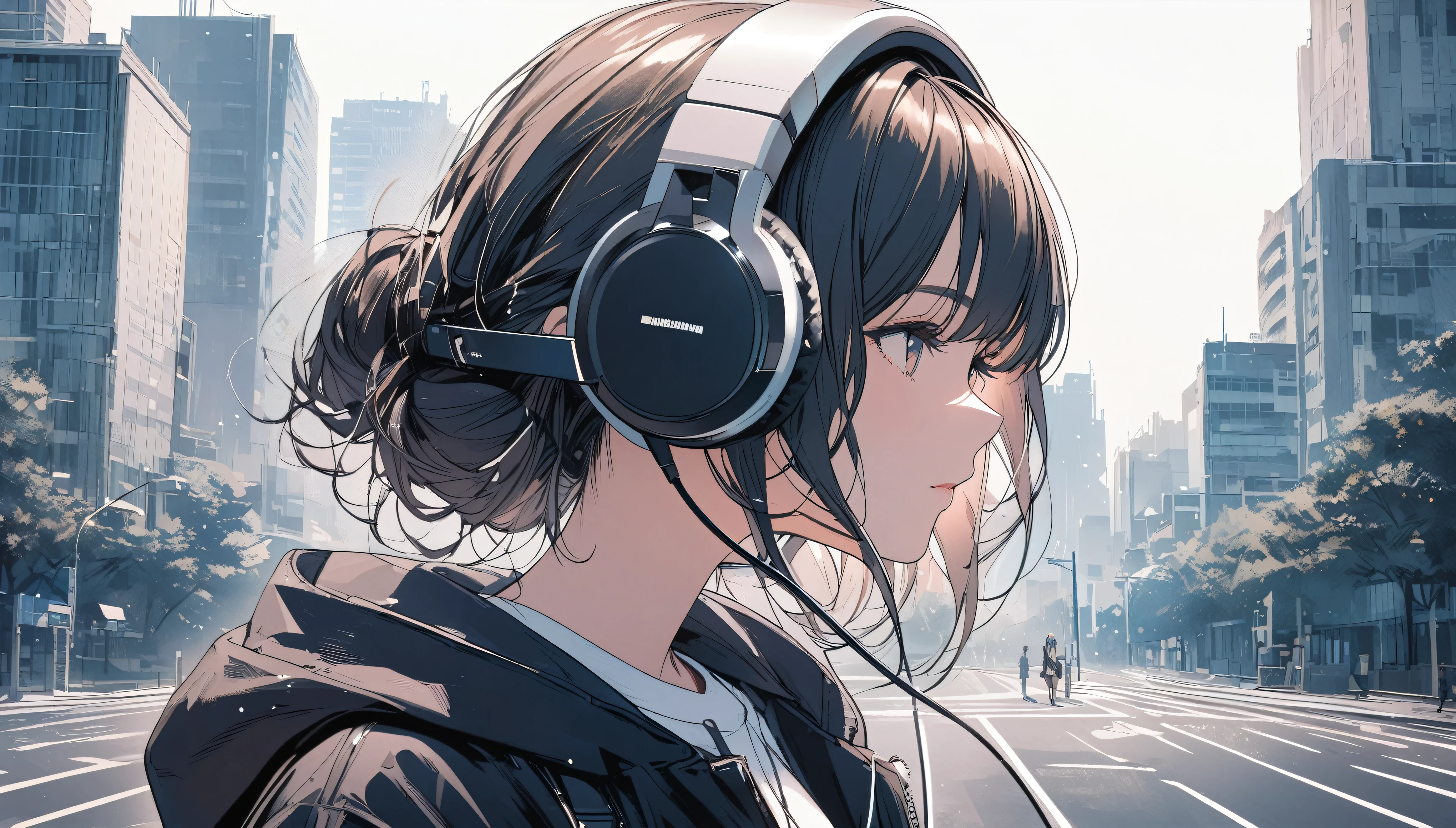Anime girl with headphones on walking down a city street - SeaArt AI