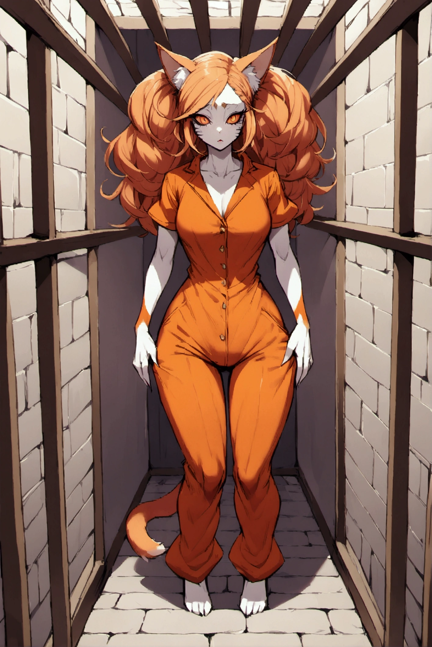 monster girl, wearing an orange jumpsuit,In a prison,cat ears hair, corpo todo peludo 