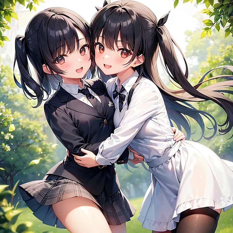 Very detailed, Highest quality, High resolution, Moe Anime, ((Two  girls in underwear hugging each other:1.2)), (Black Hair:1.4), (Baby Fe eyes, Detailed eye depiction, Eyes sparkling, Dark eye color, View your audience, Pale skin, (Big eyes:1.4, Droopy eyes:1.4, Torogao:1.4), Focus on the face, In the park with cherry blossoms falling, ((The lower half is naked)), Bright Eyes, ((Nipples are visible through the fabric)), ((Petite)), ((Young)), ((nsfw:1.2)), (Flat Chest:1.4), ((Different hairstyles:1.4)), smile, (Slightly below:1.4)