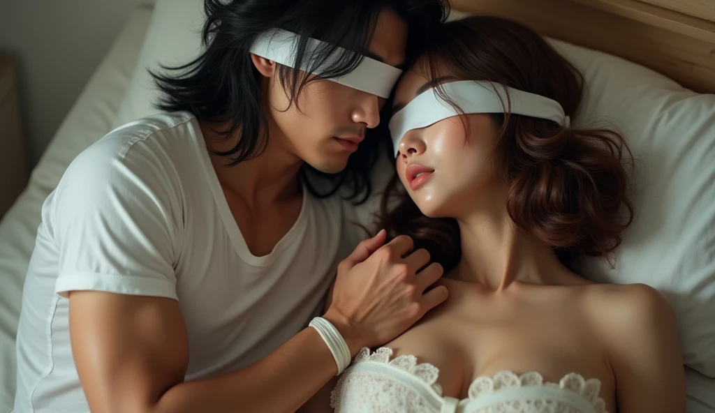 1 Girl, Blindfolded, 1 Boy, Hetero, Kissing, Dressed Female Male,, Tongue, French Kiss, Age Difference, Ponytail