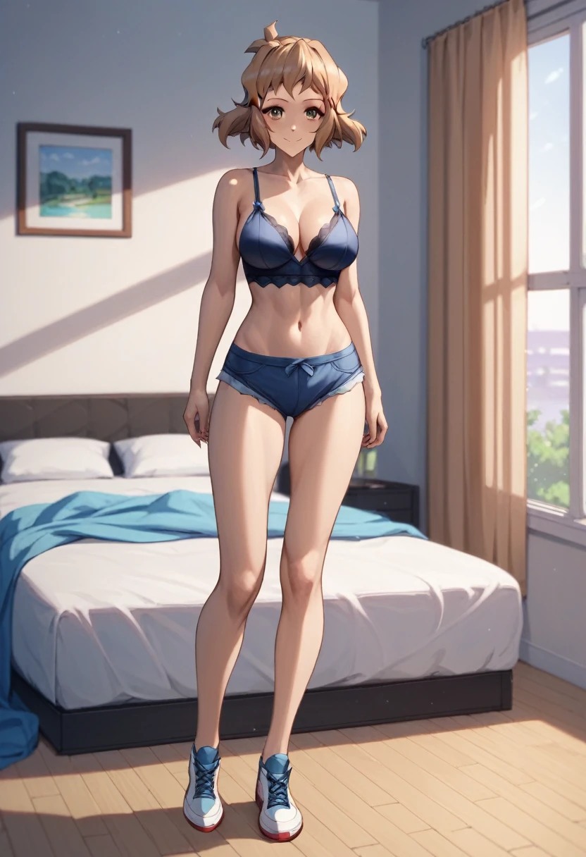  (((masterpiece))), (((Best quality))), (Very detailed), (full body), (nsfw:1.8), bedroom, sexy pose, tachibana hibiki (symphogear), short hair, 1girl, brown hair, hairclip, brown eyes, beautiful breasts, seductive smile,