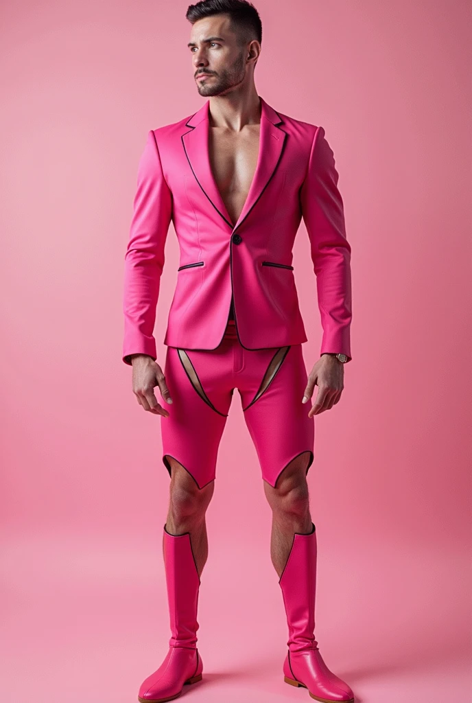 Fullbody standing picture of white skin Handsome muscular horny nude sexy gay man wearing sexy shiny pink latex harness, shiny black Disconnected Pompadour oiled hair style, blue eyes, shiny brown varnished vinyl shoes, red lip, chain, tattoos, horny, cum shot, sperm, milking penis, very big penis, very big testicle, shiny oiled skin, orgasm, oversexed, masturbation, standing at white lighting show room.