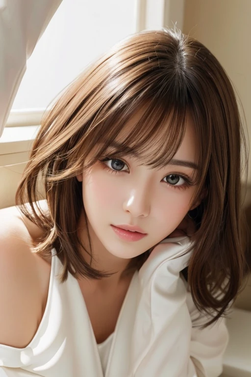 Japanese women、50 years old、Medium-haired brown hair、Wavy Hair、nude