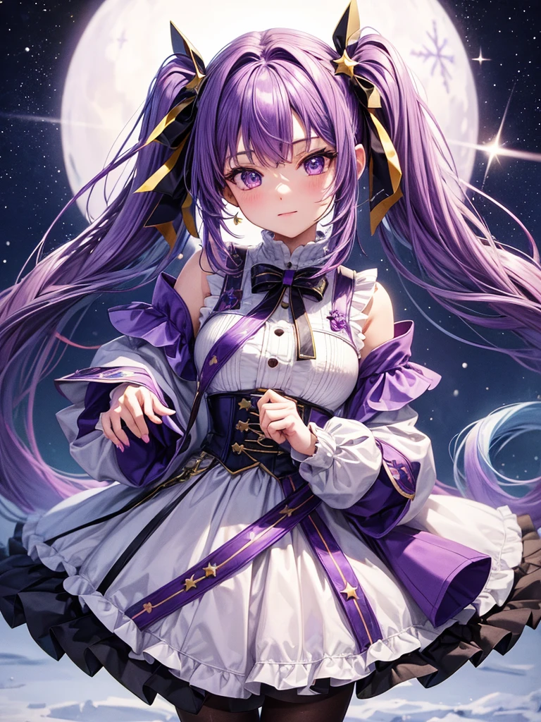 raiden shogun_(genshin impact), purple hair, white roses, ornament hair, roses on her hair, maid, maid dress, maid headdress, maid apron, purple hair, long hair, braided hair, 1girl, white maid dress, jewelry, purple hair, flowing hair, space scene, space scenery, long hair, maid dress with a short skirt and layers, white laces, white boots, white dress with transparency, gold details on her clothes, more details, perfectly body, perfectly hands, two hands, two legs, two arms, five fingers, purple hair, glowing hair, best quality, cat ears, animal ears, two cat tail, white gloves, alone, maid headdress, choker, detached sleeves, maid dress, maid white dress, masterpiece, best quality, detailed face, night, asymmetrical gloves, bangs, white short skirt , earrings, elbow gloves, fishnet thigh highs, fish masterpiece, solo, best quality, detailed face, gloves, hair between eyes, jewelry, looking at viewer, single earring, sky, sleeveless, solo, thigh boots, thigh highs, uneven gloves, purple hair, solo, alone, Looking at the viewer, More details on the clothes, magenta roses on her hair, space scenery, maid, maid dress, magenta details, magenta roses, maid headdress, maid apron, seat on the Saturn rings, more details on her clothes, purple hair, gold details on her clothes, space, smiling, standing her hand to a viewer, looking at the viewer, in the background a several asteroids glowing with fiery auras, Dramatic lighting from distant stars and planets illuminates the scene, purple hair, looking at the vast and mysterious universe, cowboy shot, upper body portrait, more details, sparkle, purple hair 