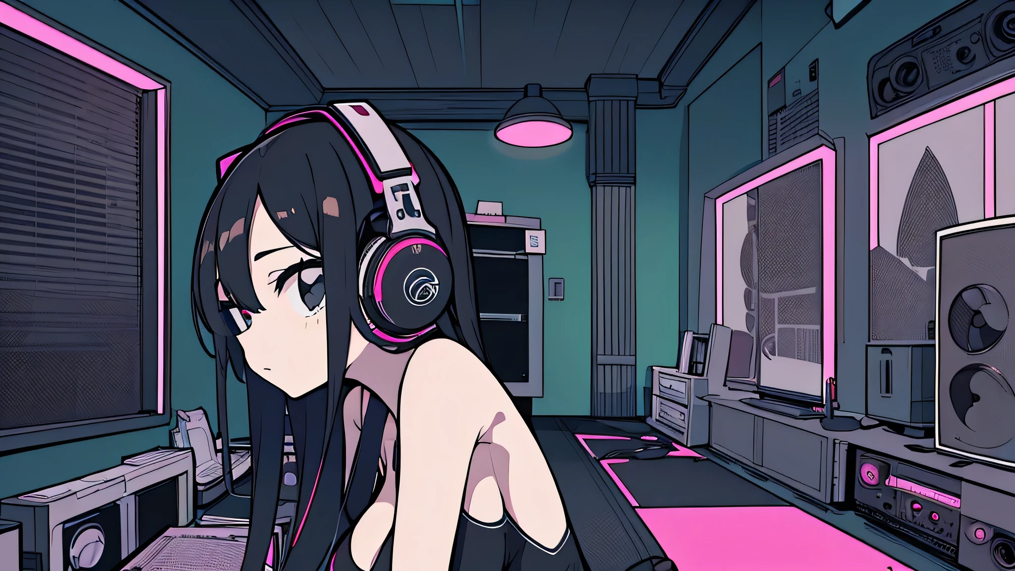Best quality, (masterpiece:1.2), best detail face, 1 girl, big breasts, 18 yo, 8k,absurdres,unity 8k wall paper,(extremely detailed:1.3), highest realistic, (simple headphones:1.1), (soft neon light:1.1), (floating hair:1.2), (psychedelic:1.2), Her room full of music equipment and plants, Leaning back on the chair with a casual attitude, Light clothing in summer, dark grey color palette, black hair