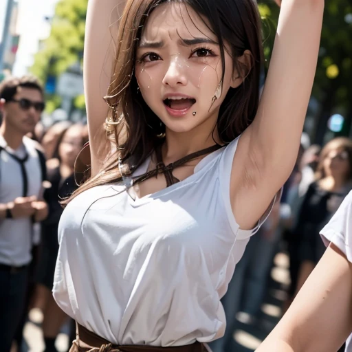 only 1girl,(a very cute japanese woman is standing and tied up with rope:1.2),bondage,rope,((crying)),large tears,4K, 8K, (Masterpiece, best quality:1.2), perfect face,20years old,thin girl,skinny girl,slim girl,small girl,childish girl,open arms wide,arms up,in front of a large crowd outside,Before dusk,((The upper body is only wearing underwear)),waring white camisole,white skirt,brown belt