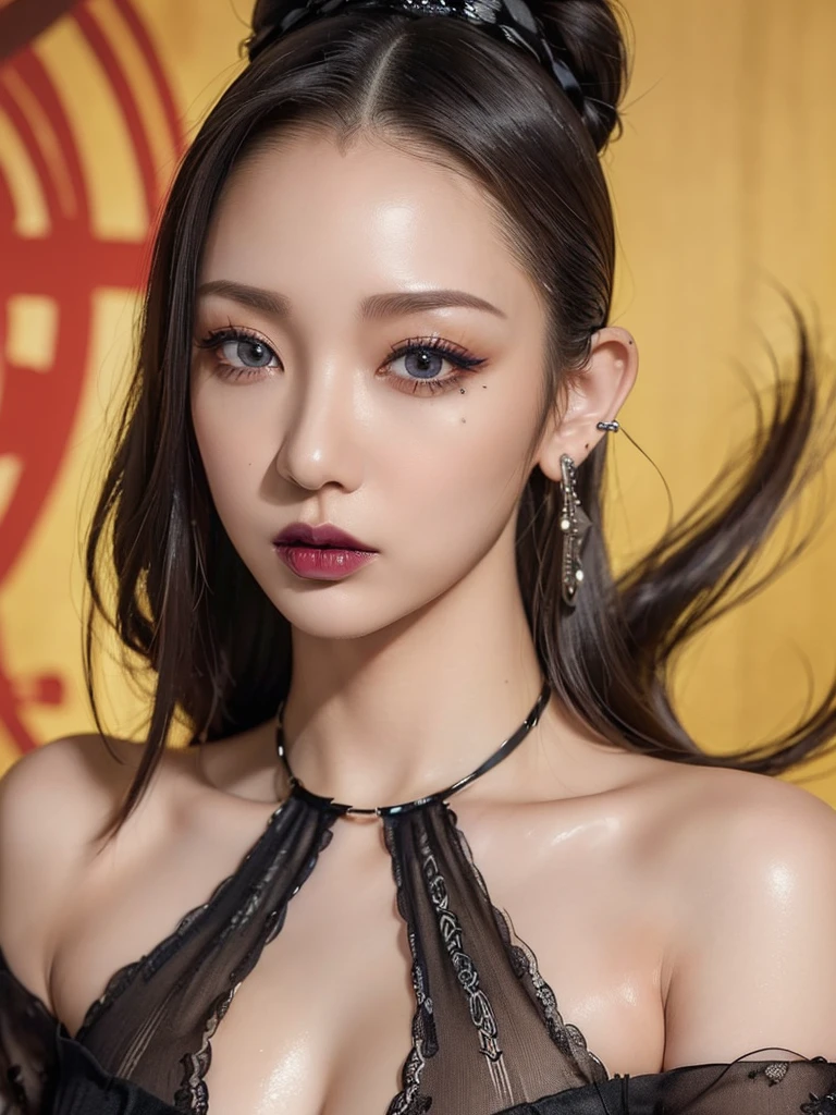 (UHigh resolution, retina, masterpiece, Accurate, Anatomically correct, Textured skin, Super Detail, Attention to detail, high quality, 最high quality, High resolution, 1080P, High resolution, 4K, 8k, 16k), (美しいAttention to detail目, Beautiful lip detail, Highly detailed eyes and face), Soft lighting, Physically Based Rendering, Vibrant colors,((((最high quality、masterpiece, 高精細CG8kイラスト, Graffiti art, Center Configuration, Highly detailed lights and shadows, wall, Highly detailed face and eyes,masterpiece, 最high quality, Alone, One girl, Glowing Skin, Earrings, Splendid, Whimsical details, Slicked back hair, Fascinating, Bare shoulders,Goth Fashion, Shallow depth of field, Contrasting, Detailed eyes,Symmetrical eyes))), (Glowing Skin), (Urzan-6500:0.33)、Outdoor、(((Cowboy Shot,Full Body Shot,Glossy thighs)))