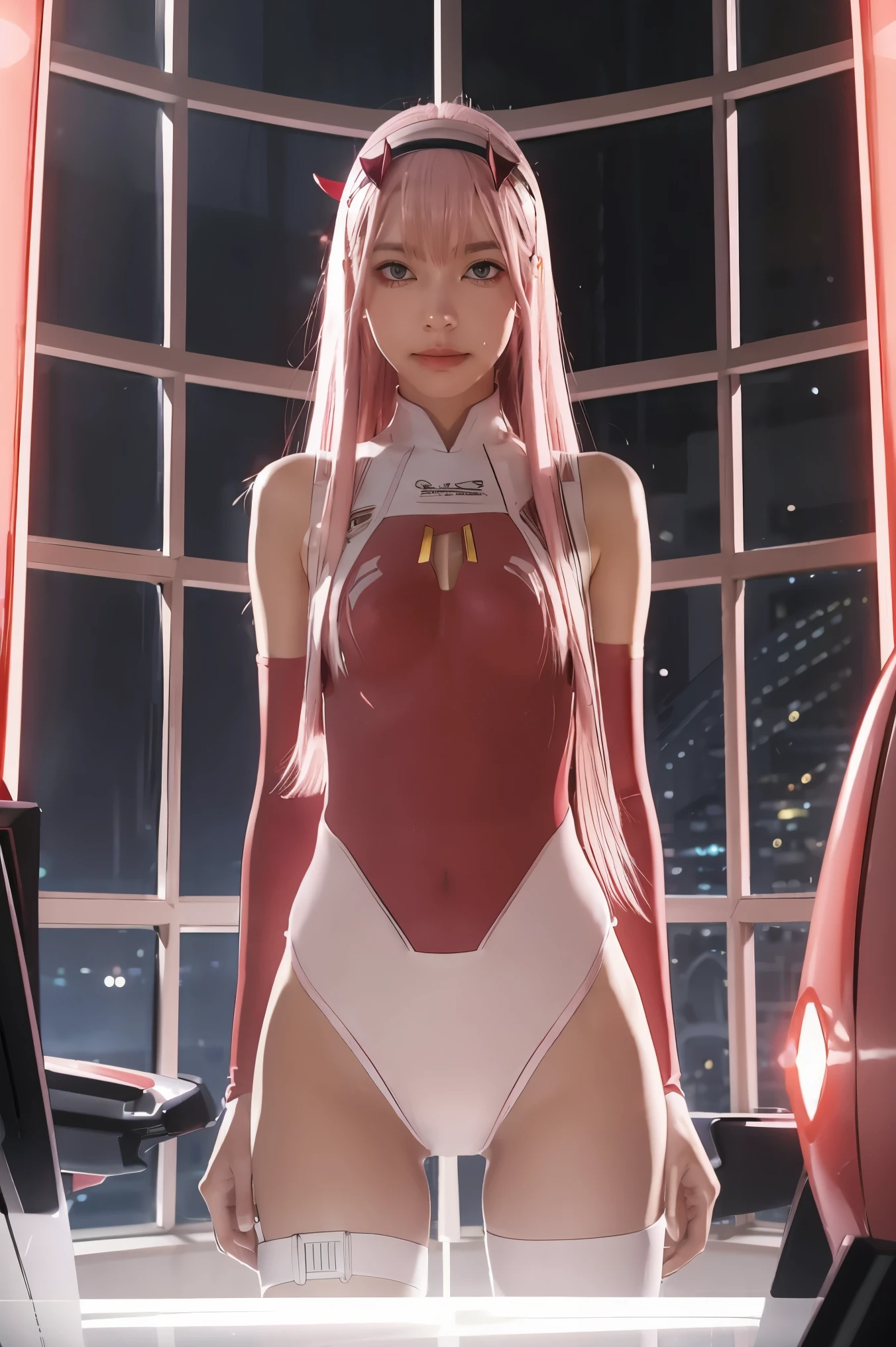 dynamic angle,ultra-detailed, illustration, straight on, 1girl, ((Zero two, interface headband with a pair of horns, red bodysuit:1.4, pink hair)), Her eyes shone like dreamy stars,(glowing eyes:1.233),(beautiful and detailed eyes:1.1),(expressionless, closed mouth),(standing), (mechanic room with tools and spaceship window in a white SPACESHIP), (night:1.2), dreamy, [[delicate fingers and hands:0.55]::0.85],(detail fingers), smirk,