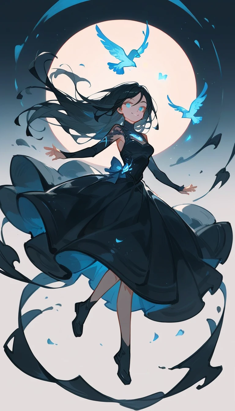 1 woman, solo, medium breast, long black hair, blue eyes, black dress, sketch, fullbody, soul magic, glowing soul bunnies, soul birds, floating, smiling