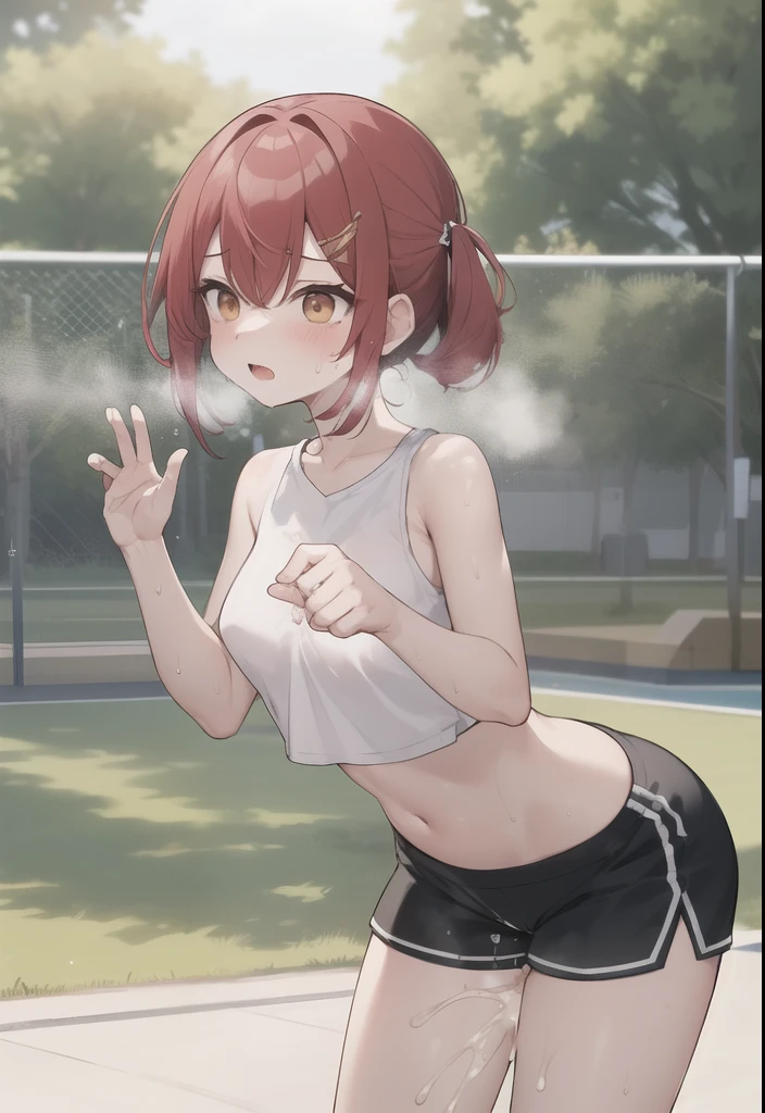 nsfw:1.2,Red cheeks, Random color hair, Solo is, woman, , Play sports often, Yoga Shorts, Colorful clothing, Park, null, tree々, is focus, (Leaning forward、sweat:1.5、Overflowing Sex Fluids:1.5