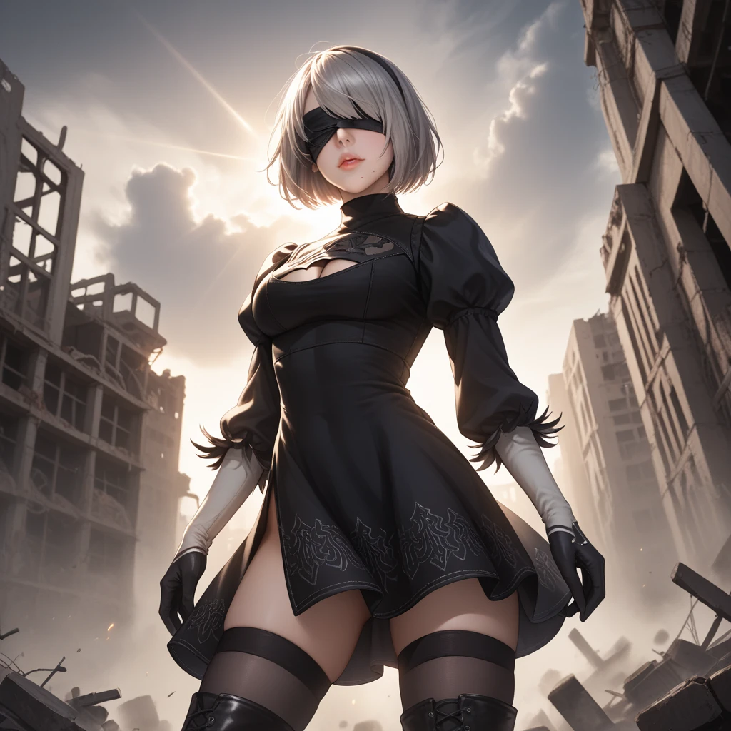 score_9, score_8_up, score_7_up, 32k,masterpiece, highest quality, 
photo realistic, super detail, vibrant colors, chiaroscuro lighting, cinematic lighting,
1 woman, inspired nier automata 2B,
bob cut, gray hair, bangs, mole under mouth, blindfold,
2B dress, cleavage cutout, skirt, thighhighs under boots,
ruins, a ruined world, devastated cities, dark cloudy sky,
seductive pose, dramatic angle,