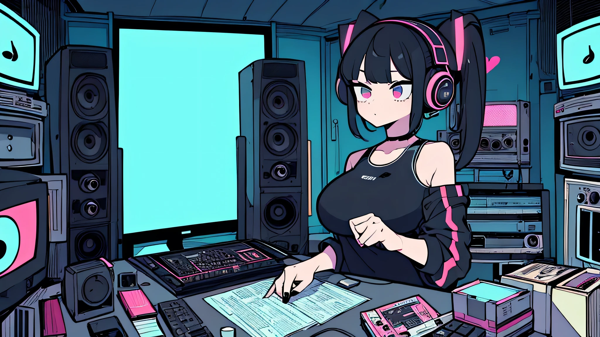 Best quality, (masterpiece), best detail face,1 girl, big breasts, 18 yo, 8k,absurdres,unity 8k wall paper,(extremely detailed:1.3), highest realistic, (retro headphones:), (soft neon light:), (psychedelic), Her room full of music equipment and plants, Light clothing in summer, See the whole room, She is leaving the room, natural color palette