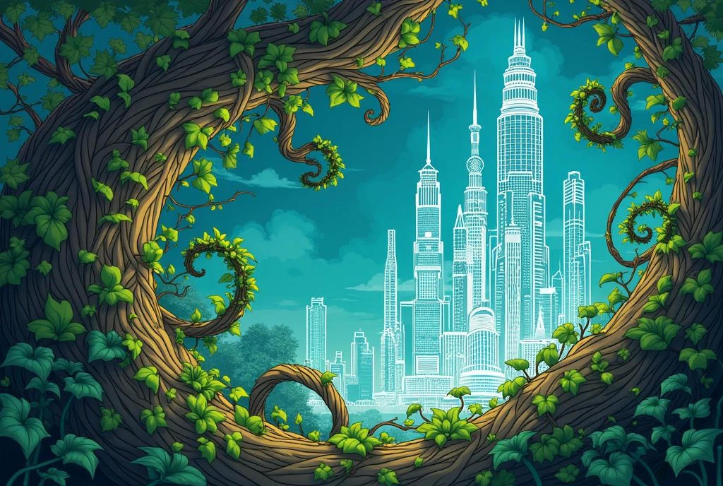 Bright cartoon style. Front view of open magic tome. Wide blueprint of epic fantasy city emerges from glowing empty pages. Surrounded with swirling vortex of leaves and rosy vines.