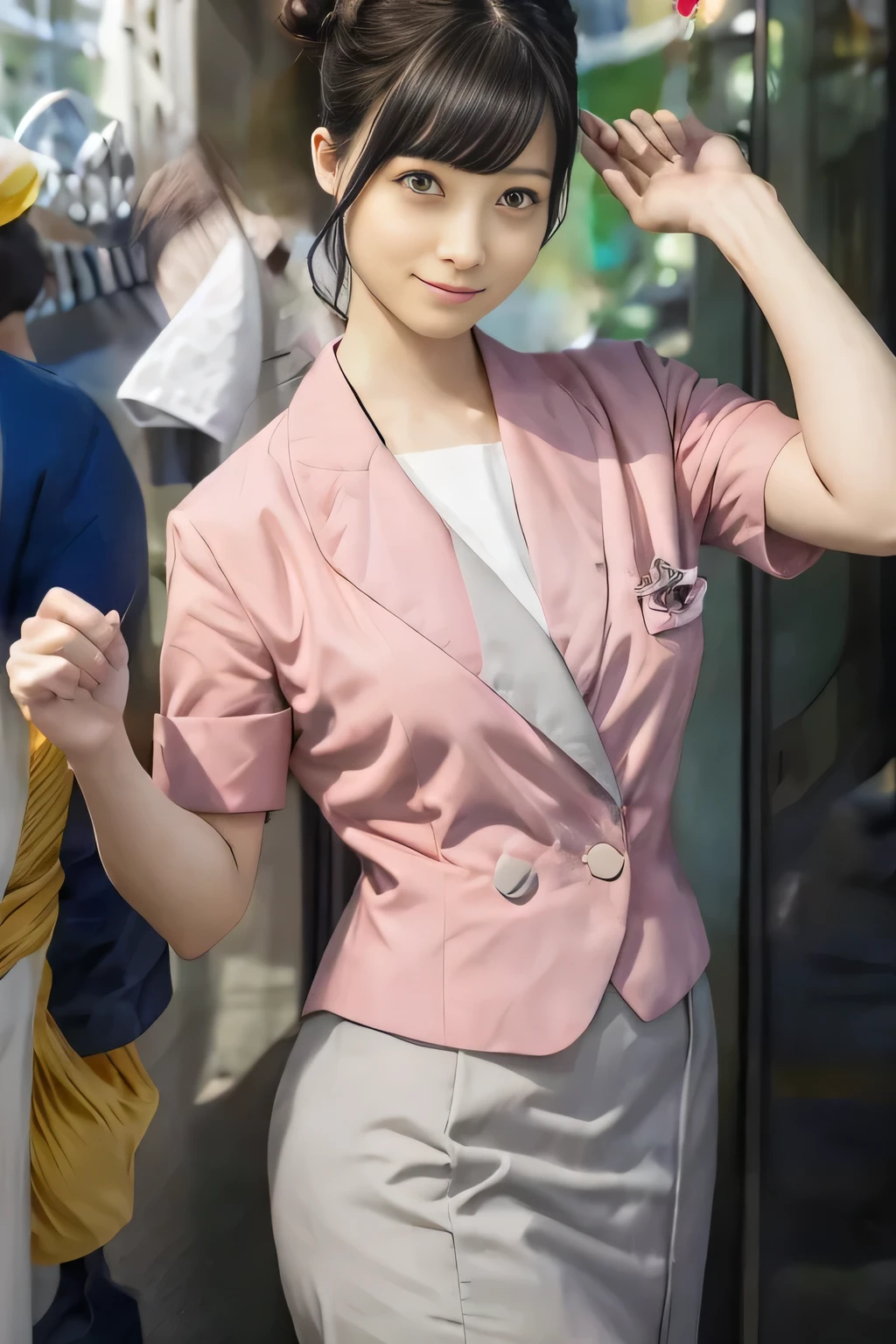 (masterpiece:1.2, Best Quality:1.2), 32K HDR, High resolution, (Alone、1 girl)、（On the roof of a building during the day、Professional Lighting）、Building rooftop background、（Nankai train crew uniform pinkを着たリアルスタイル）、（Nankai Railway crew uniform, pink, short sleeve, collarless, pink jacket、Nankai Railway crew uniform pink no-collar short-sleeve blouse、Nankai Railway crew uniform pink grey knee-length culottes）、（（The bottom of the pink short-sleeved jacket cannot be tucked into the clay-colored culottes..））、Dark brown hair、（Hair tied up、Hair Bun、Hair Bun）、Dark brown hair、Long Shot、Big Breasts、Thin legs、（（Great hands：2.0）），（（Harmonious body proportions：1.5）），（（Normal limbs：2.0）），（（Normal finger：2.0）），（（Delicate eyes：2.0）），（（Normal eyes：2.0））)、smile、（Nankai Railway crew uniform pink grey knee-length culottesを見せた美しい立ち姿）
