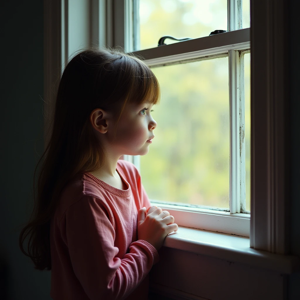 Children 13 years old、1 Beautiful girl、So cute、Pink camisole、A window where sunlight pours in、On the bed with the light streaming in