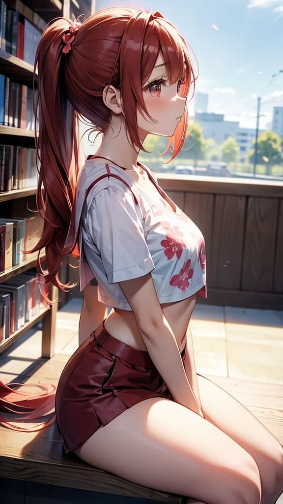 Beautiful red-haired woman with long, straight hair falling under her shoulder, wearing high school clothes, blouse with red tie and red mini skirt, black socks that go up to the knees and All Star sneakers, with angel wings of the color purple, red makeup around the eyes making a drawing on the face, eyes of the color purple,  red lipstick, a mole on the left side of the mouth, perfect face, expression of shame, cute expression, perfect body, round chest, big ass, thick thighs, whole body, detailed scenery, detailed photo, masterpiece, 8k, raw photo, perfect lighting