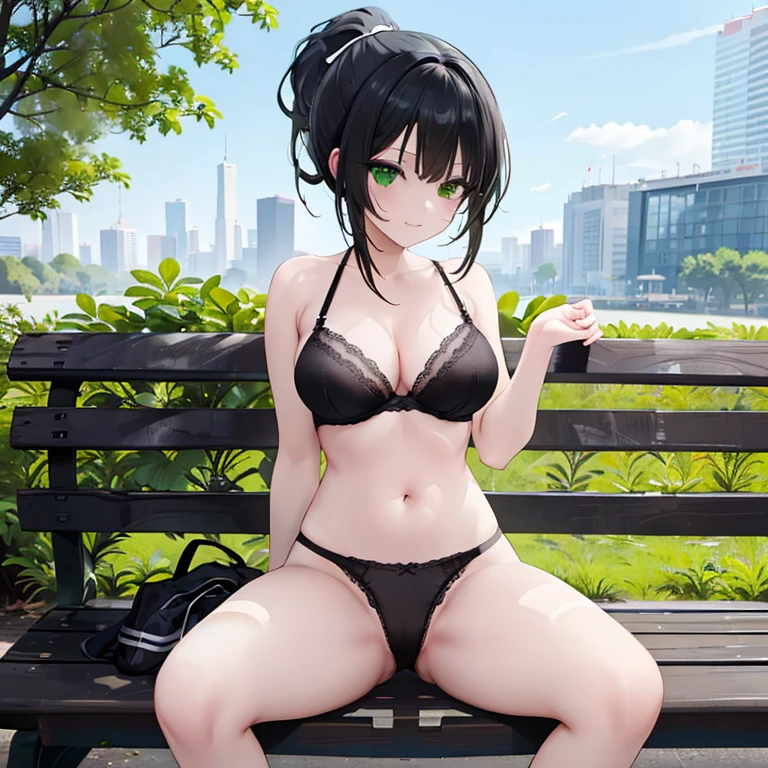 One girl, Alone, Black Hair, Green Eyes, ponytail, smile, In the park, Sitting on a bench, Underwear only, black lace trim bra, Black lace-edged panties, Sit in your seat、Spread your legs, sneakers 