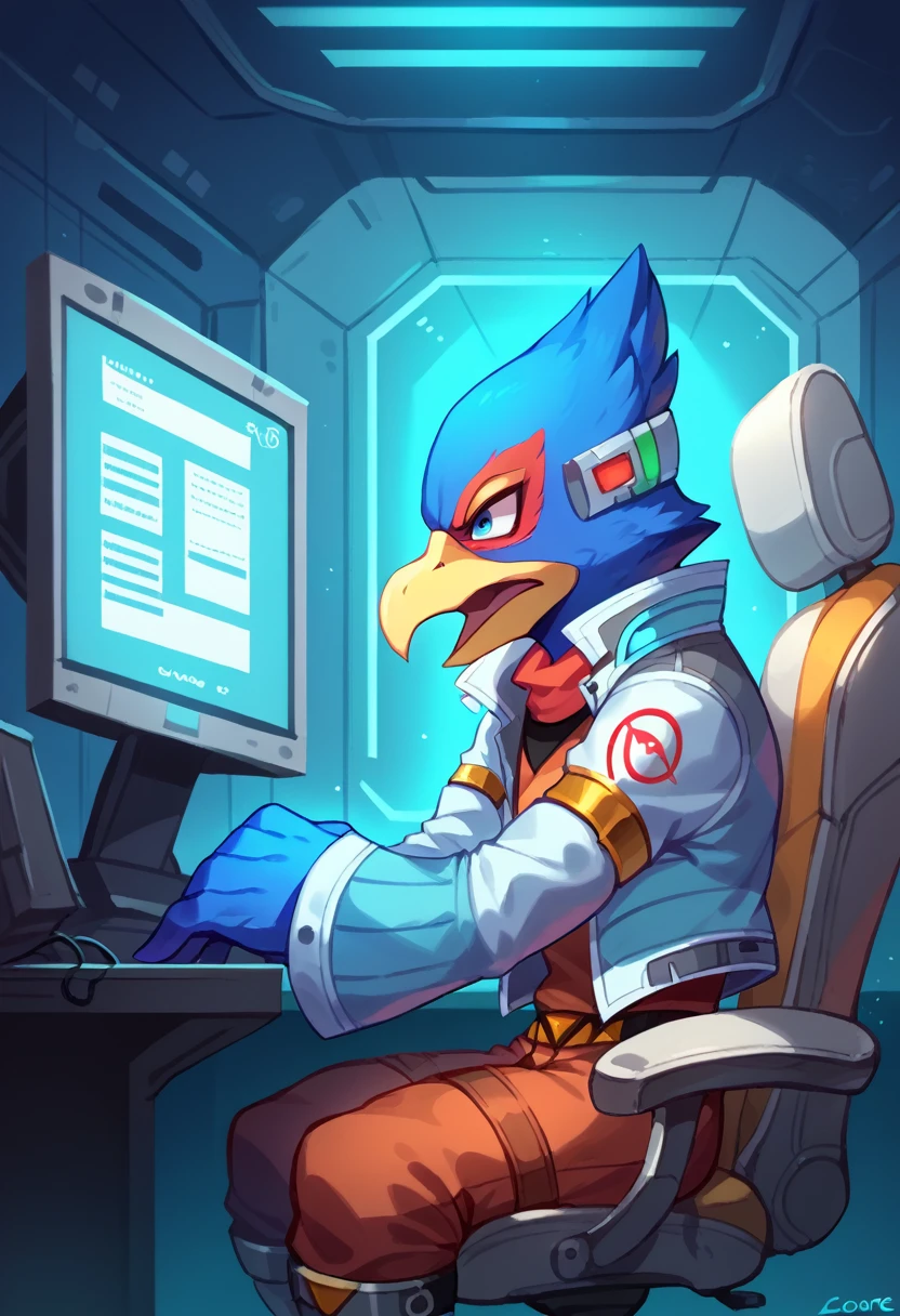 score_9, score_8_up, score_7_up, dcore_6_up, 1boy, solo, Falco lombardi, inside spaceship, beckoning, straight on, high quality, high resolution, furious, thoughtful expression, mouth wide open, eyes wide open, bending forward, sitting in chair, looking at computer, blue room, dark room, blue light,