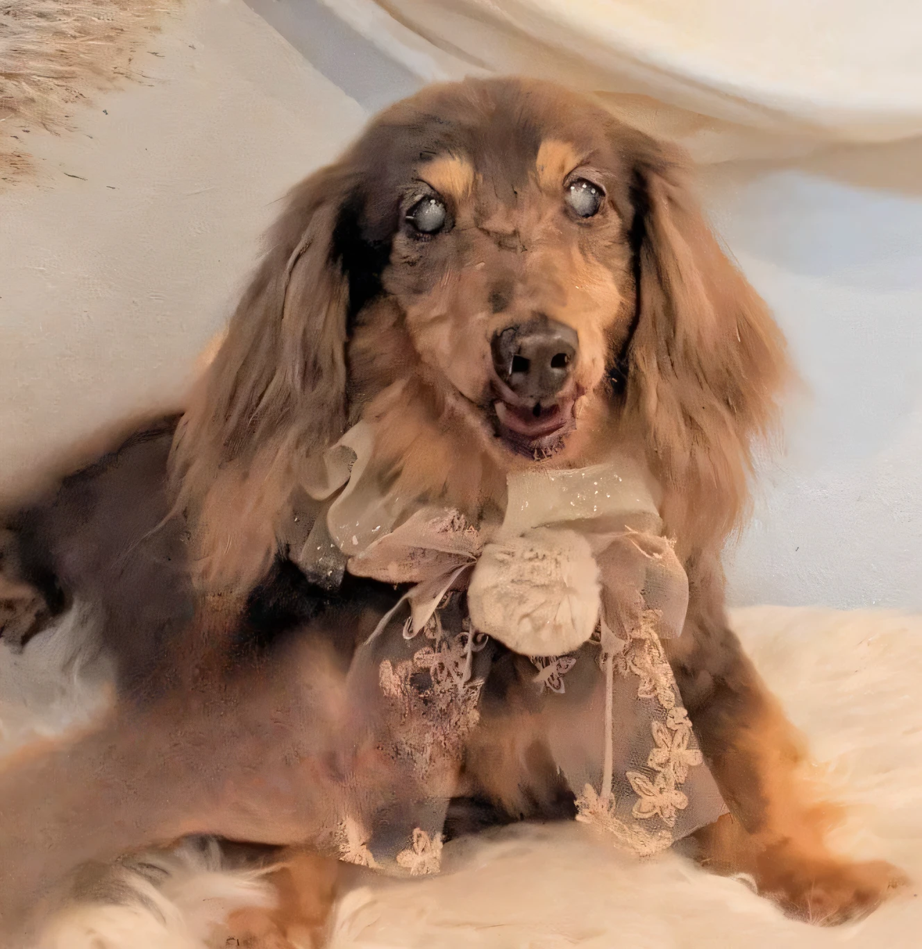 there is a dog that is laying down on a bed, sitting on her bed,portrait shooting, dressed in, sit on a bed, Sitting on the bed, , Cute furry part looks to the left, dressed as a queen