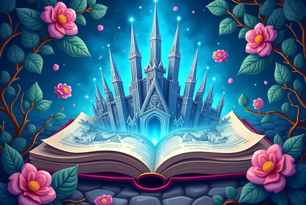 Bright cartoon style. Front view of open magic tome. Wide blueprint of epic fantasy city emerges from glowing empty pages. Surrounded with swirling vortex of leaves and rosy vines.