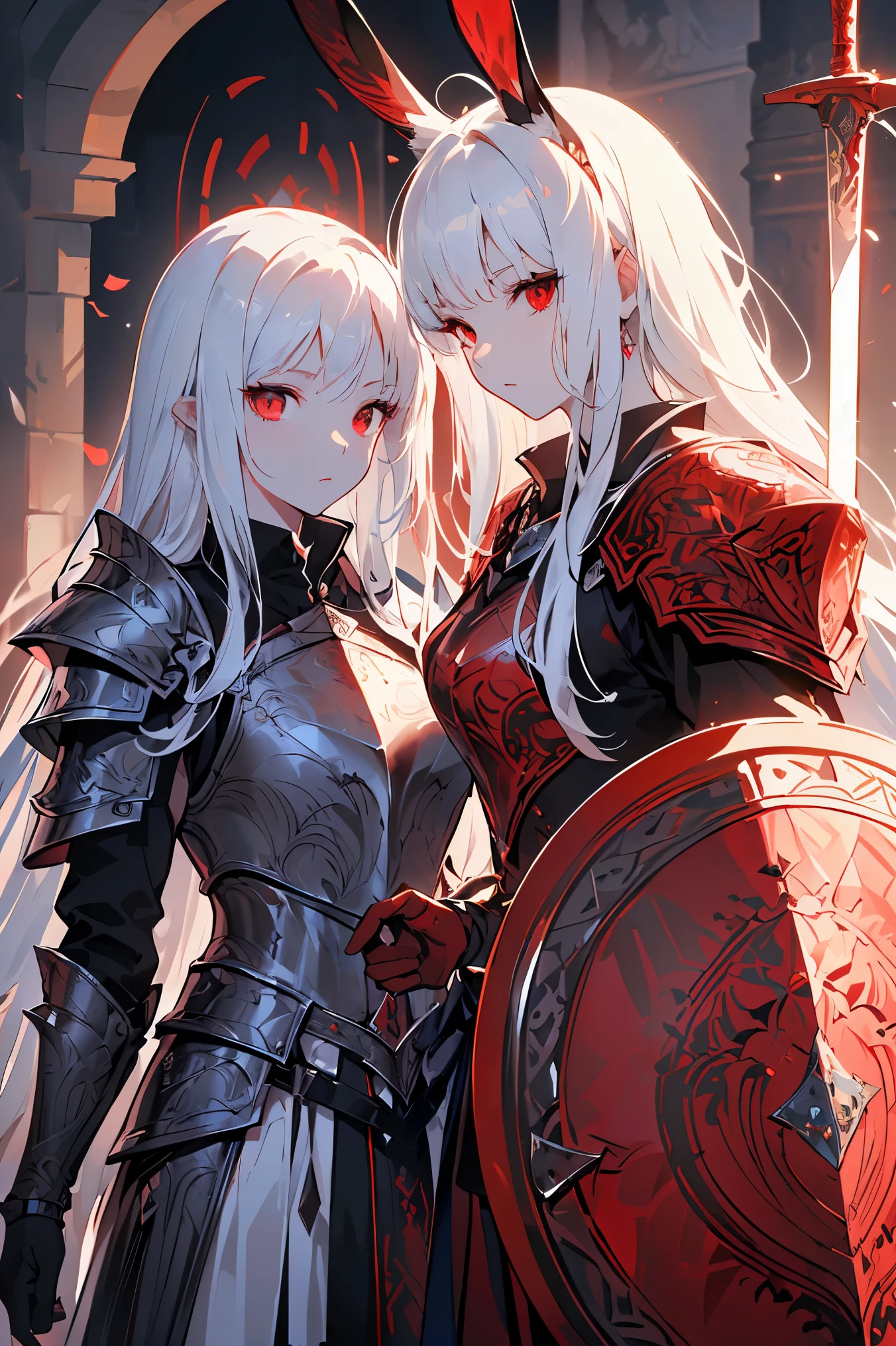 ((best quality)), ((masterpiece)), (detailed), perfect face, Albino warrior, ((long white hair, white skin, red eyes)), black magic sword, (Great sword engraved with red runes), crazy eyes, haggard cheeks, fantasy novel, 2 ladies, ((Silver armor, gloves, and a shield with a pattern engraved on it)), rabbit ears, Baroque, cinematic lighting